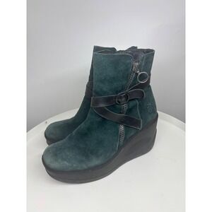 Fly London Jaso Wedge Ankle Boots Teal Green Suede Leather Strap Zip Up 39